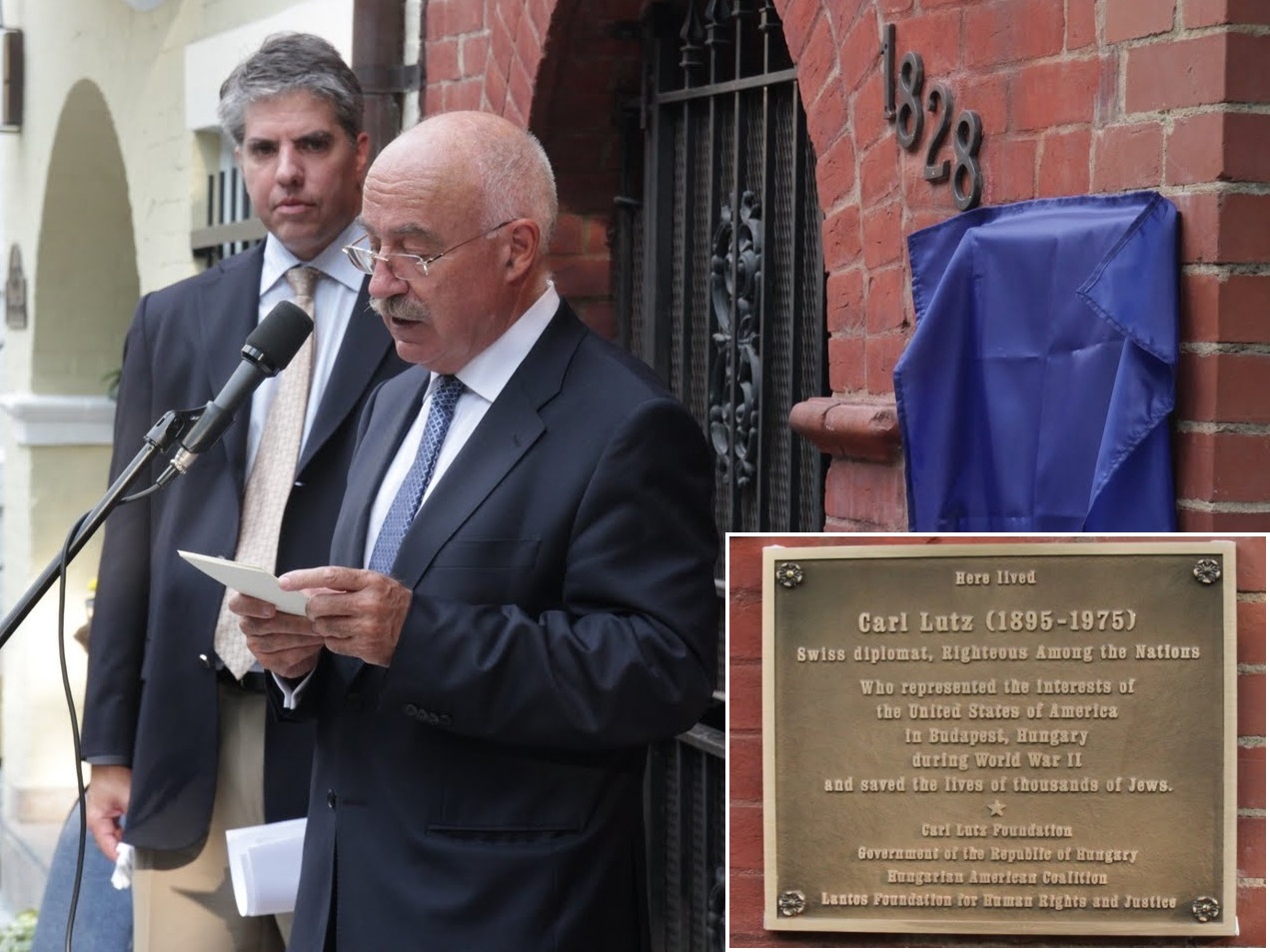 Dr. János Martonyi giving a speech at the Dedication of a Commemorative Plaque on Carl Lutz’s Residence in Washington, DC on June 24, 2010